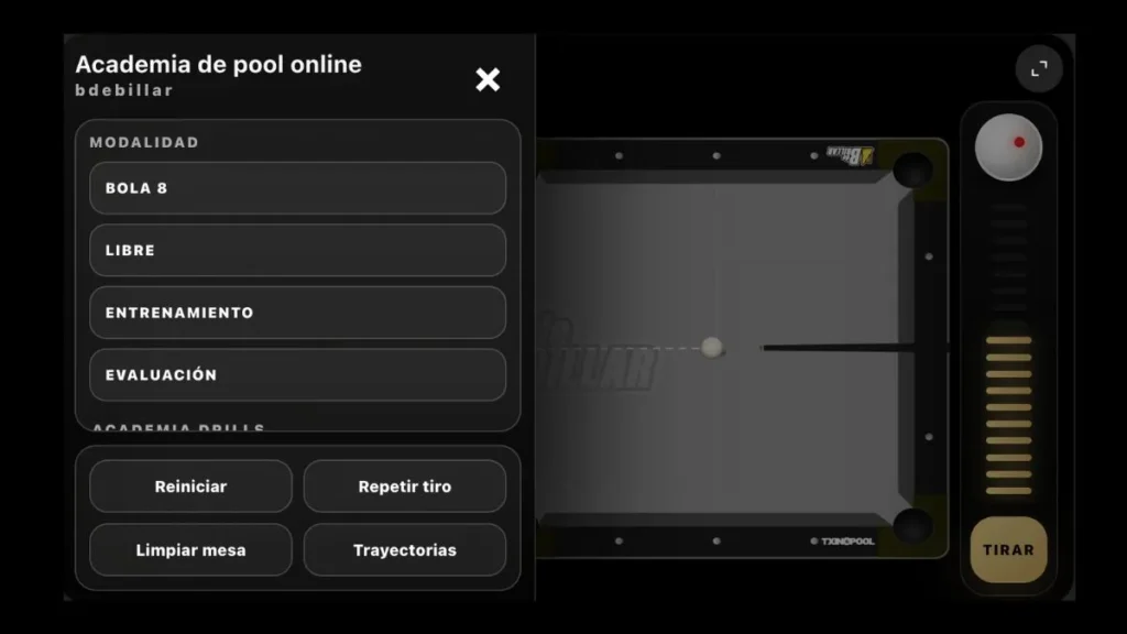 Simulador de billar online BDEBILLAR para practicar posiciones de pool