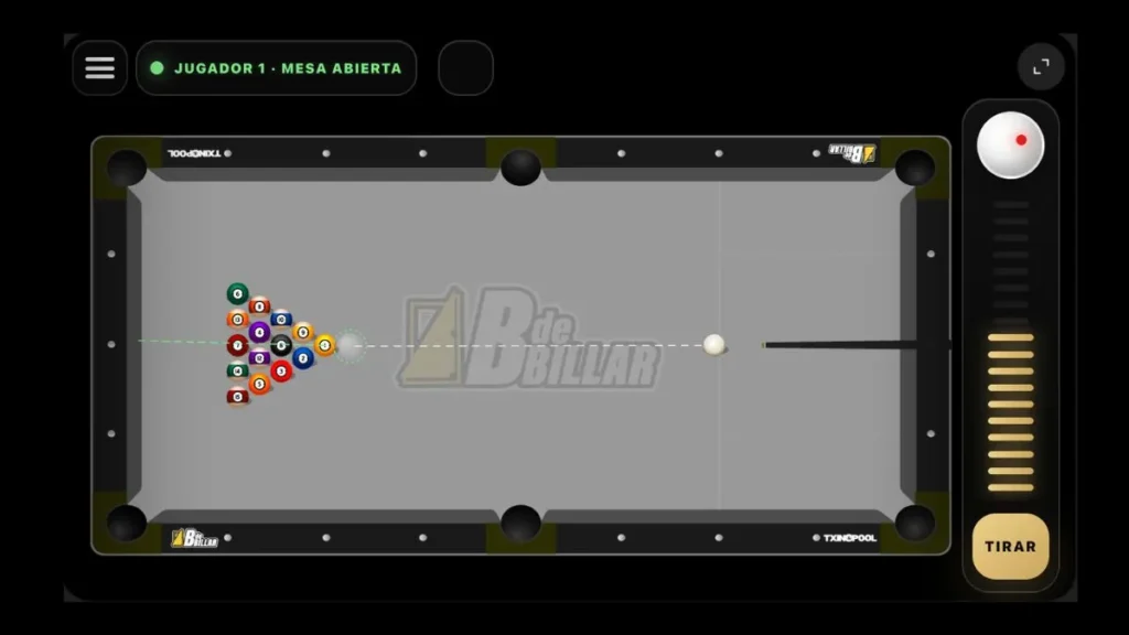 Ejemplo de mesa de pool para entrenar ejercicios de billar americano online