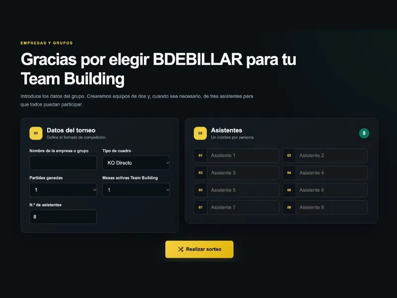 Formulario de Team Building de BDEBILLAR para organizar una competición de pool con ocho asistentes y equipos automáticos.