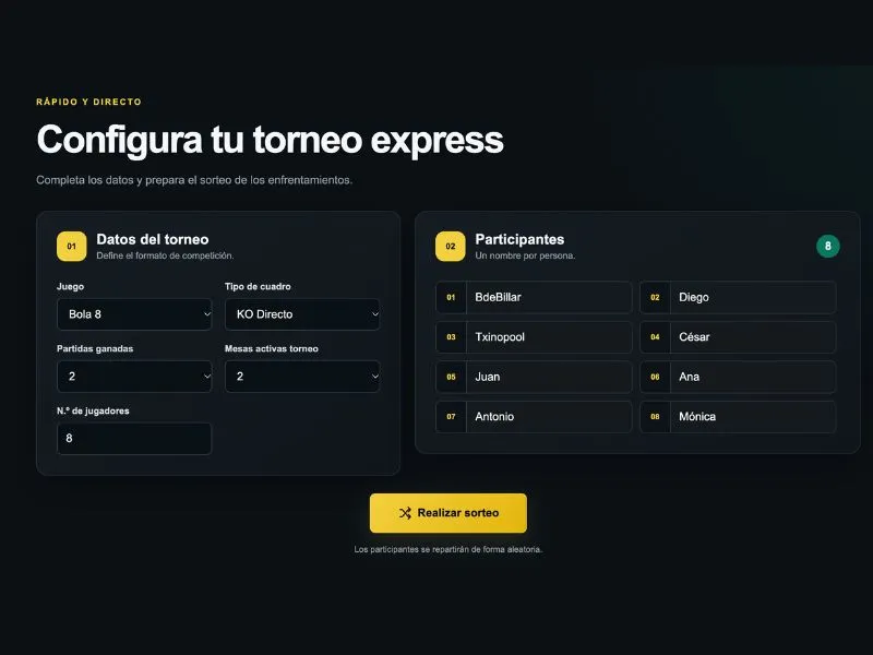 Formulario de Torneo Express de BDEBILLAR con ocho jugadores, Bola 8, KO Directo y dos mesas activas.