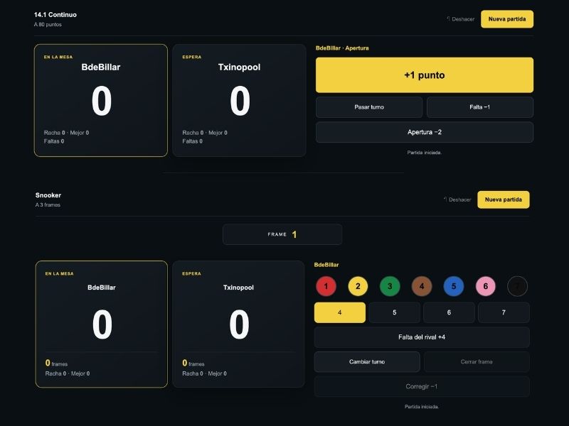 Marcadores y controles de puntuación para 14.1 Continuo y Snooker.