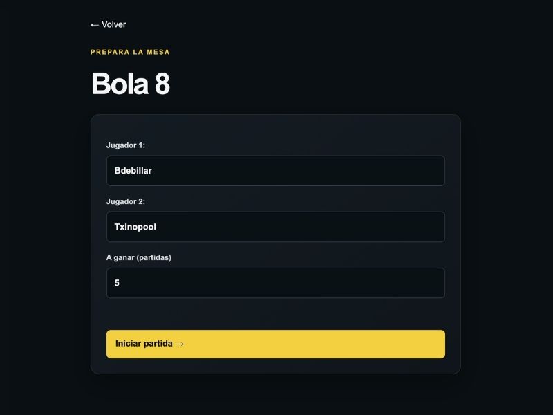 Configuración de una partida de Bola 8 con dos jugadores y objetivo de cinco partidas.