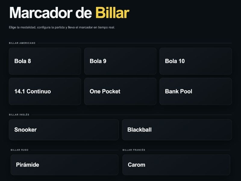 Selección de las diez modalidades del marcador de billar de BDEBILLAR.