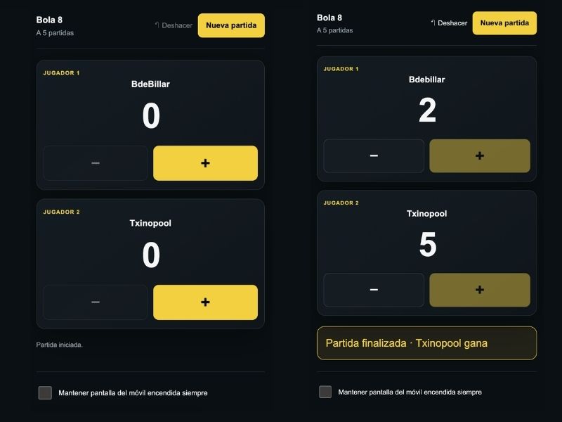 Marcador de Bola 8 con puntuación 2–5 y partida finalizada.